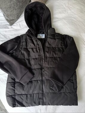 Old Navy Kids Black Hooded Puffer Jacket with Knit Sleeves